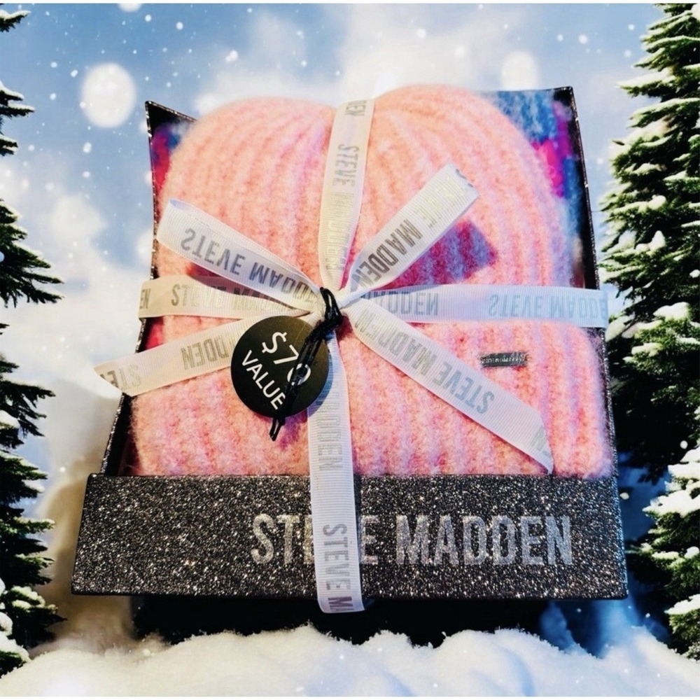Steve Madden Woman's Pink Soft Warm Beanie Hat and Multicolored Scarf Set